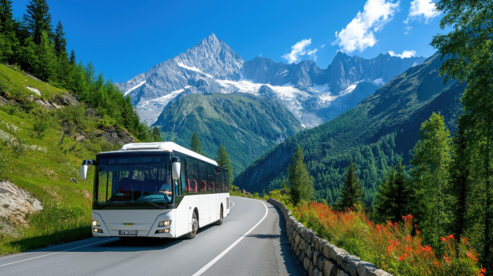 a bus on the road in mountains